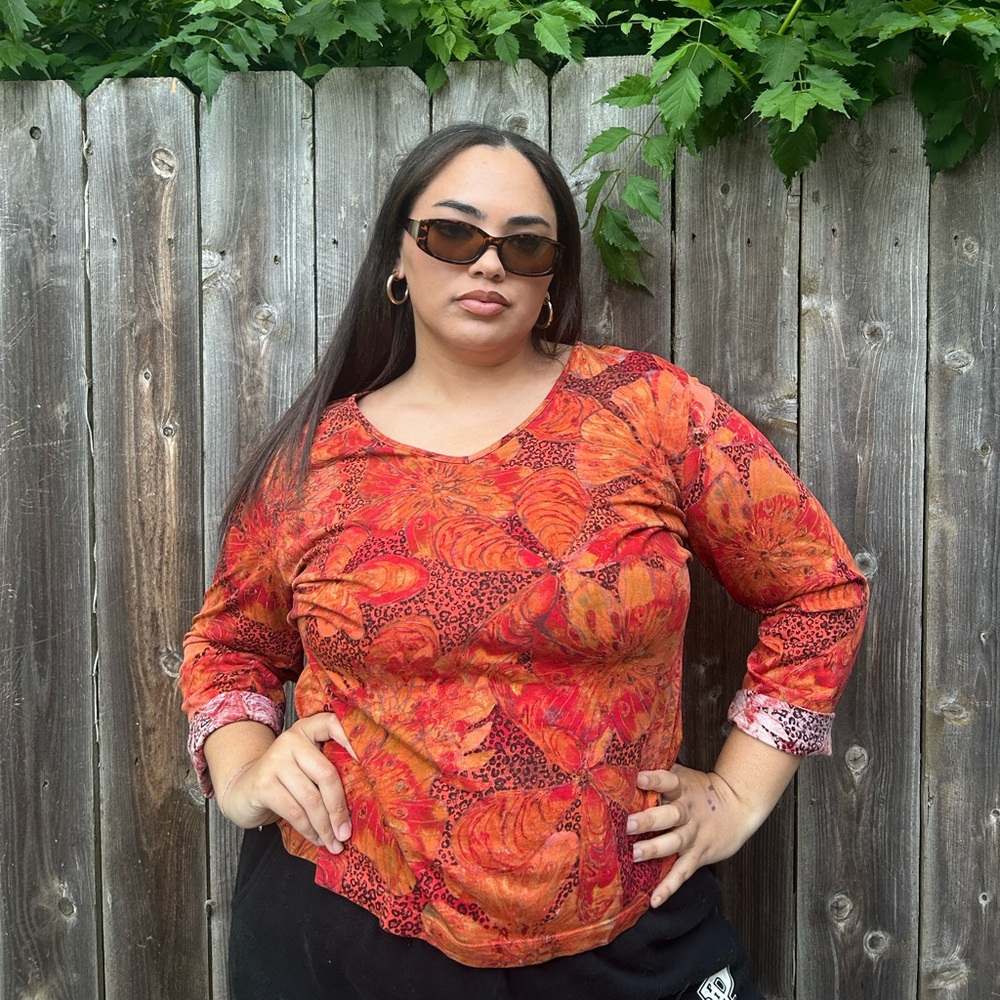 Y2K | Vibrant Orange and Red Floral Long Sleeve
